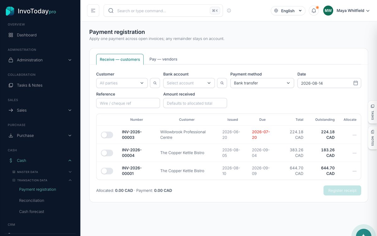 The payment registration workspace in InvoToday allocating a customer receipt across open invoices